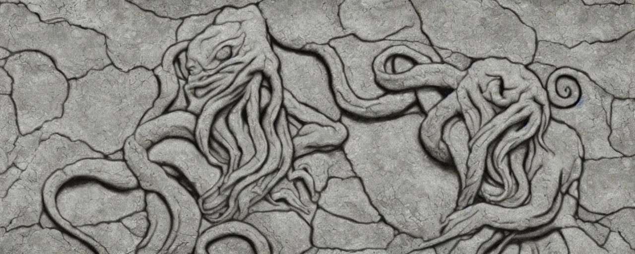 Image similar to limestone panel with Cthulhu, clean, texture, photorealistic, scenic