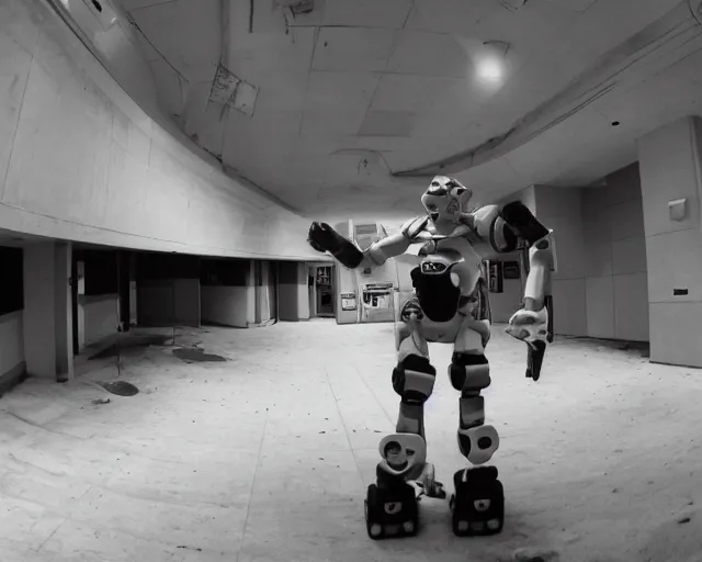 Image similar to camera footage of a Darpa Robot hunting skateboarders in an abandoned shopping mall, high exposure, dark, monochrome, camera, grainy, CCTV, security camera footage, timestamp, zoomed in, fish-eye lense, Robot, Skateboarding, Drone, Intense, Darpa,