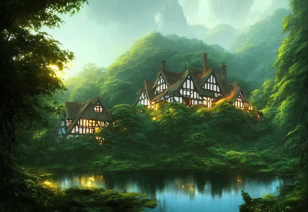 Image similar to one small tudor house on a hillside surrounded by jungle with a pond, blue sky, cinematic view, detailed architecture, concept art, high detail, well lit, volumetric, godrays, vivid, trending on artstation, by jordan grimmer, art greg rutkowski