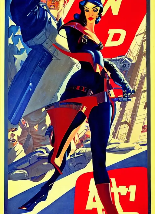 Prompt: american propaganda poster. beautiful cyberpunk assassin lady. portrait by jean giraud and anton otto fischer and john philip falter and will eisner and gil elvgren. realistic proportions. character art. science fiction d & d. tf 2, overwatch.