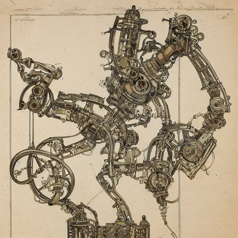 Image similar to detailed, intricate technical drawings on parchment from 1 8 4 0, with labels and notes, for a beautiful, symmetric, art nouveau robotic arm holding a paintbrush, by ron cobb and alphonse mucha
