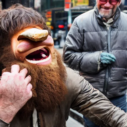 Prompt: Caveman laughing while hunting mammoth in the streets of New York