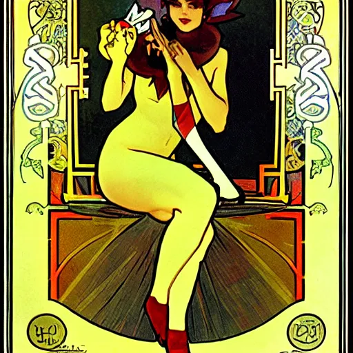 Image similar to elegant woman dressed up as pikachu, wearing stockings, photo by Alphonse Mucha,