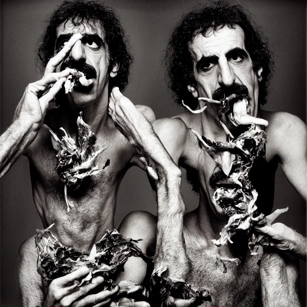 Image similar to award winning photo of frank zappa eating himself, vivid colors, happy, symmetrical face, beautiful eyes, studio lighting, wide shot art by Sally Mann & Arnold Newman