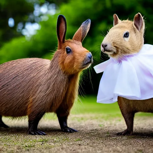 Image similar to a capybara wearing a tuxedo being wed to a rabbit wearing a wedding dress