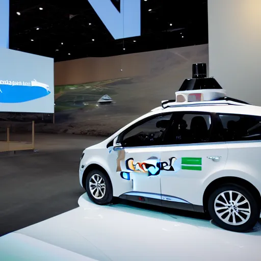 Prompt: google self driving car with shark mouth decal, photo from defense innovations expo 2 0 2 0
