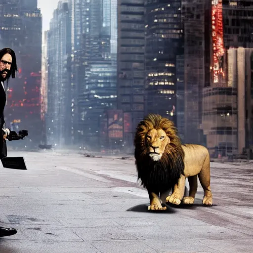 Image similar to a lion attacking john wick in an abandoned urban metropolis, 4 k