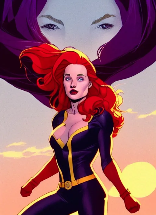 Image similar to Rafeal Albuquerque comic art, Joshua Middleton comic art, cinematics lighting, sunset colors, pretty female Madelaine Petsch Rogue x-men marvel, big smirk, symmetrical face, symmetrical eyes, long red hair and white hair, with white streak in hair, full body, flying in the air, sunset