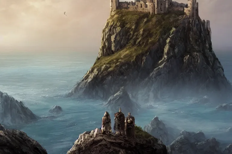 Image similar to 2 medieval warriors travelling on a cliff to a background castle , view of a coast line landscape , English coastline, Irish coastline, scottish coastline, perspective, folklore, King Arthur, Lord of the Rings, Game of Thrones. Photographic, Photography, photorealistic, concept art, Artstation trending , cinematic lighting, cinematic composition, rule of thirds , ultra-detailed, dusk sky , low contrast, natural lighting, fog, realistic, light fogged, detailed, atmosphere hyperrealistic , volumetric light, ultra photoreal, 35mm, Matte painting, movie concept art, hyper-detailed, insanely detailed, corona render, octane render, 8k