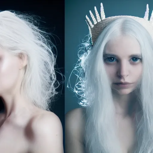 Image similar to a pale girl with white hair wears a crown of an animal skull, cinematic lighting, ultra detailed