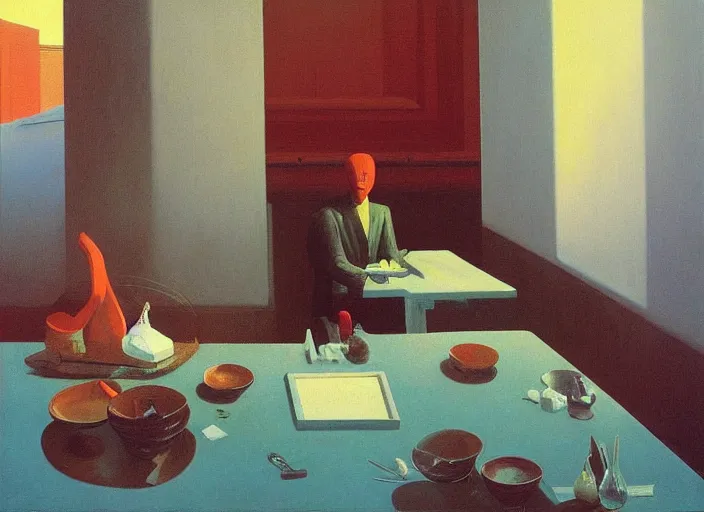 Image similar to painting about a man dining with a horse, science fiction, Edward Hopper and James Gilleard, Zdzislaw Beksinski, highly detailed