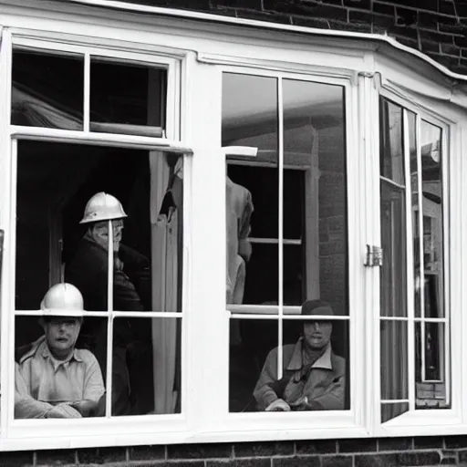 Prompt: many builders trying to open the same sash window