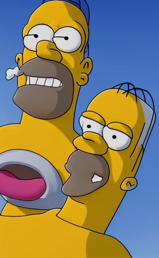 Prompt: 3D-Render of Homer Simpson in real life, hyperrealism, details, greasy face, big nose, big cartoon eyes, big lips, yellow skin, double chin, stubble, receding hairline, white shirt, close up, portrait, realism, Unreal Engine 5, 8K, photo, super-detailed, high quality, high resolution, 4K, HDR, ray tracing,