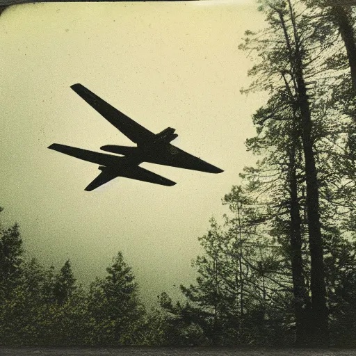 Prompt: heavily green tinted vintage polaroid photograph of a plane flying above a forest, ground level view