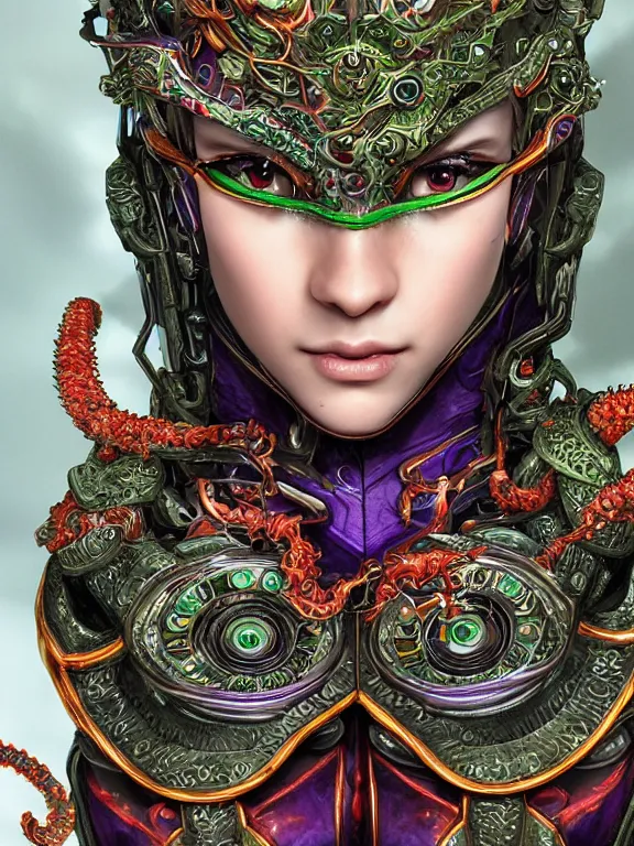 Image similar to portrait art of 8k ultra realistic green-eyed girl,intricate red crown on small purple tentacles, detailed intricate red ornate armour, cybernetic, full of colour, cinematic lighting, trending on artstation, 4k, hyperrealistic, focused, extreme details,unreal engine 5, cinematic, masterpiece, art by ayami kojima,