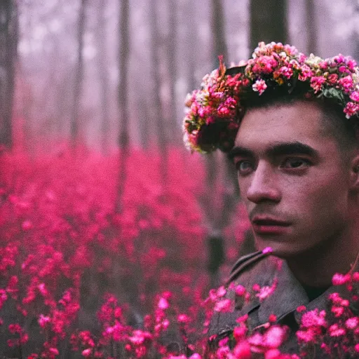 Image similar to close up kodak portra 4 0 0 photograph of a futuristic soldier in a flower crowd after the battle standing in dark forest, flower crown, moody lighting, telephoto, blurry background, faded