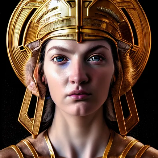 Image similar to hyperrealistic mixed media painting of beautiful goddess Athena, stunning 3d render inspired art by P. Craig Russell and Barry Windsor-Smith, perfect facial symmetry, dim volumetric lighting, 8k octane beautifully detailed render, post-processing, portrait, extremely hyper-detailed, intricate, epic composition, brown eyes, cinematic lighting, masterpiece, trending on artstation, very very detailed, masterpiece, stunning