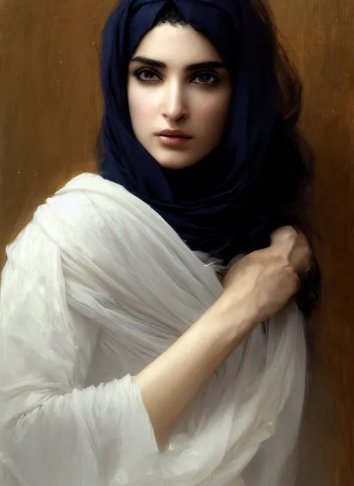 Prompt: Ameera al-Taweel, crystal blue eyes, wavy black hair, tanned skin, white veil, intricate, elegant, highly detailed, artstation, concept art, sharp focus, ruan jia, jurgens, orientalism, bouguereau