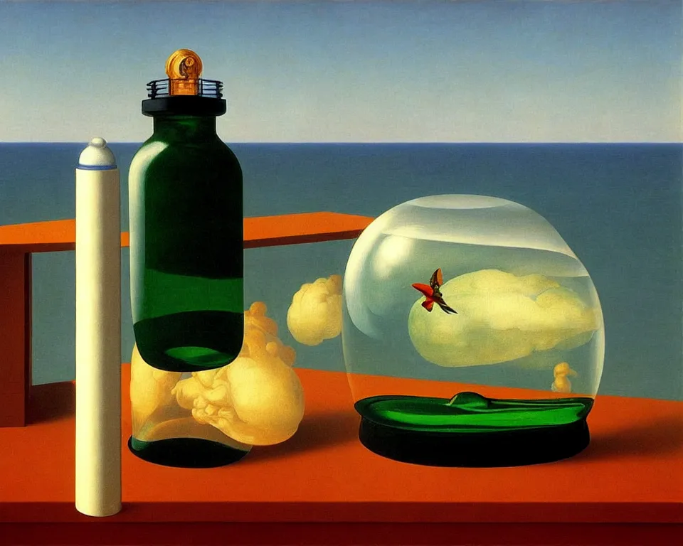 Image similar to a ship in a bottle by raphael, hopper, and rene magritte. detailed, proportional, romantic, enchanting, trending on artstation