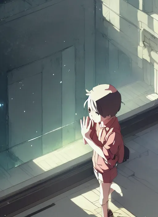 Image similar to boy on ground waving to a pretty girl on the 2 nd floor, illustration concept art anime key visual trending pixiv fanbox by wlop and greg rutkowski and makoto shinkai and studio ghibli