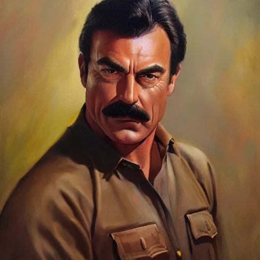 Prompt: ultra realistic portrait painting of tom selleck, art by frank frazetta, 4 k, ultra realistic, highly detailed, epic lighting