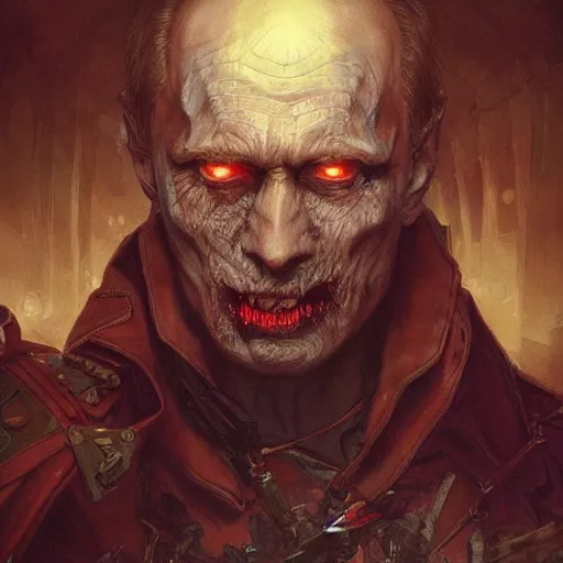 Image similar to zombie Putin in Kremlin, fantasy, intricate, highly detailed, digital painting, artstation, concept art, smooth, sharp focus, illustration, art by artgerm and greg rutkowski and alphonse mucha