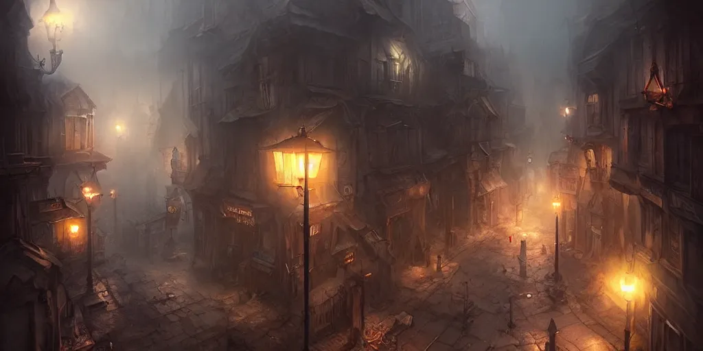 Image similar to dark town street by bastien lecouffe - deharme and charles bowater, greg rutkowski, adventure game, high angle, inspired by diablo concept art