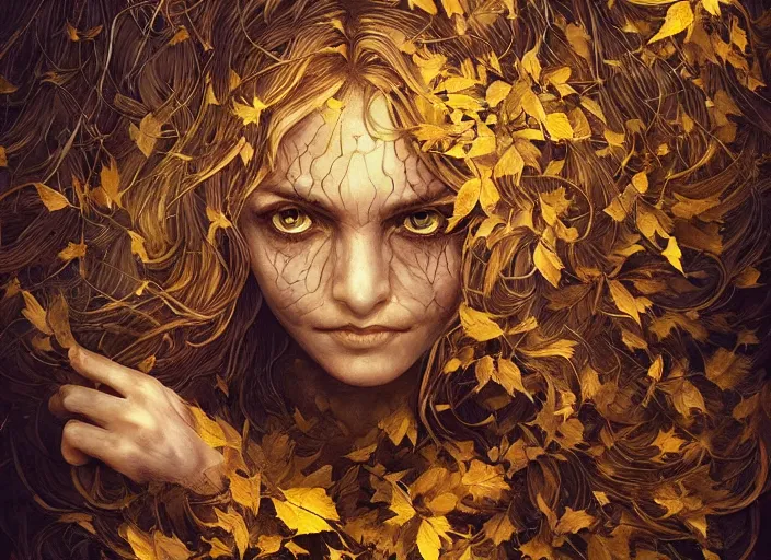 Image similar to golden leaves at frame border, creative!!! composition for a book cover!!!, absurdly beautiful, ultrafine hyperrealistic detailed old witch face by wlop and artgerm and greg rutkowski, intricate linework, sharp focus, smooth, octopath traveler, final fantasy, unreal engine, dramatic lighting, ethereal, 8 k