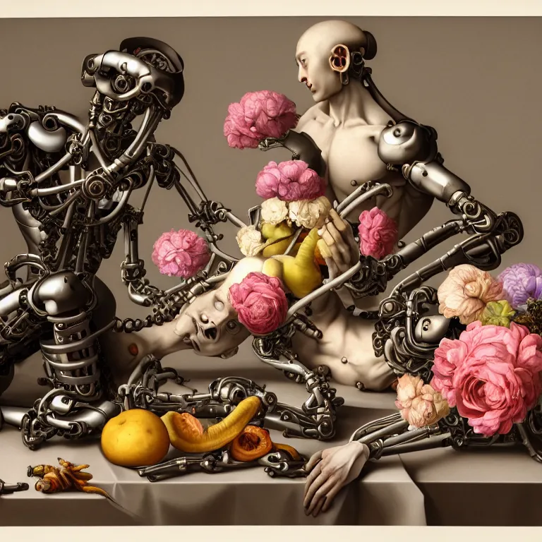 Prompt: still life of two biomechanical cyborg male lovers laying on a table, pastel flowers on a table, surreal alien ribbed pastel fruit, white human spine, baroque painting, beautiful detailed intricate insanely detailed octane render trending on Artstation, 8K artistic photography, photorealistic, chiaroscuro, Raphael, Caravaggio