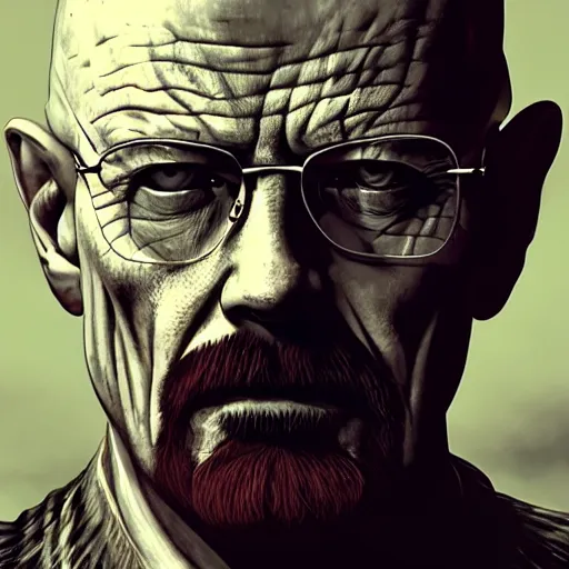 Image similar to Walter White, Zombie, Butcher, portrait, fantasy, medieval, vivid colors, elegant, concept art, sharp focus, beautiful face, digital art, Hyper-realistic, 4K, Unreal Engine, Highly Detailed, HD, Dramatic Lighting by Brom, trending on Artstation
