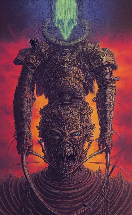 Image similar to an old temple knight in armor, king of hell, inside page of comic book, psychedelic lights and fog, in the style of zdzislaw beksinski, ayami kojima, takato yamamoto, barclay shaw, karol bak, glowing light and shadow, hyperrealist