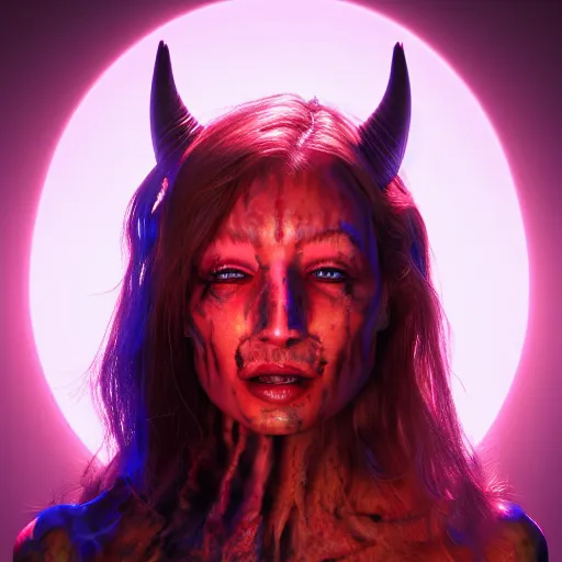 Image similar to photorealistic woman devil. hyperdetailed photorealism, 1 0 8 megapixels, amazing depth, high resolution, 3 d shading, 3 d finalrender, 3 d cinematic lighting, glowing rich colors, psychedelic overtones, artstation concept art.