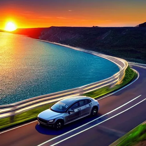 Prompt: beautiful road by the sea in the sunset. a fast futuristic electric self driving volvo drives elegantly., highly detailed, stylish