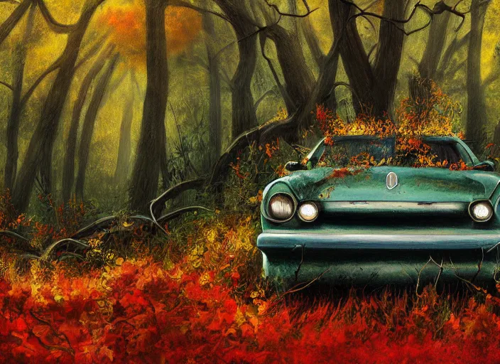 Image similar to A painting of an overgrown car in a forest, vines coming down from the tall trees, autumn, rocky ground, digital art, trending on Artstation, immaculate scale, amazing composition, detailed painting