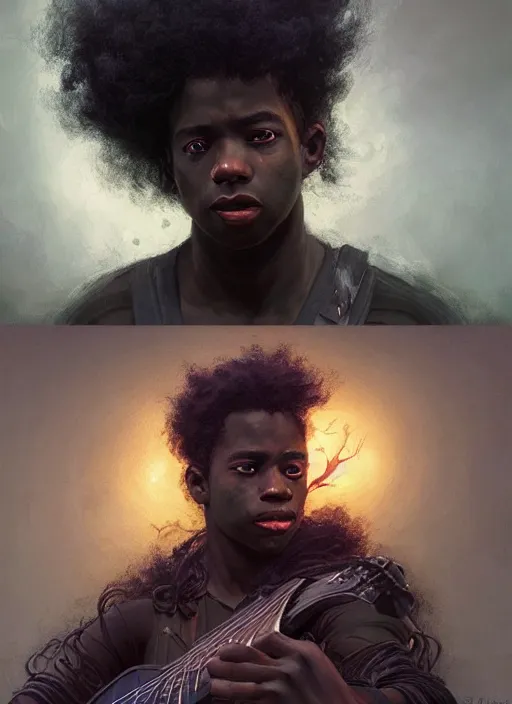 Image similar to fantasy changeling black kid with long curly hair playing electric guitar, half half, dim light, front game card, marvel comics, dark, intricate, highly detailed, smooth, artstation, digital illustration by ruan jia and mandy jurgens and artgerm and wayne barlowe and greg rutkowski and zdislav beksinski