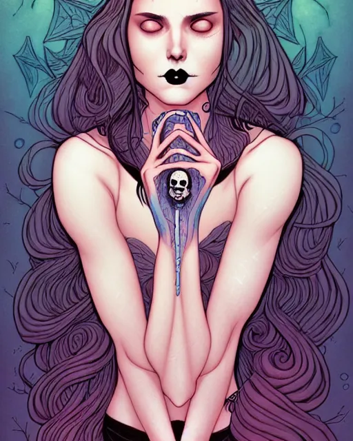 Image similar to comic cover art of a beautiful girl with tears in her eyes, skulls in the background, illustration by jenny frison and sana takeda, intricate details, stunning inking lines, stunning gradient colors, 4 k, hd, artstation, award winning