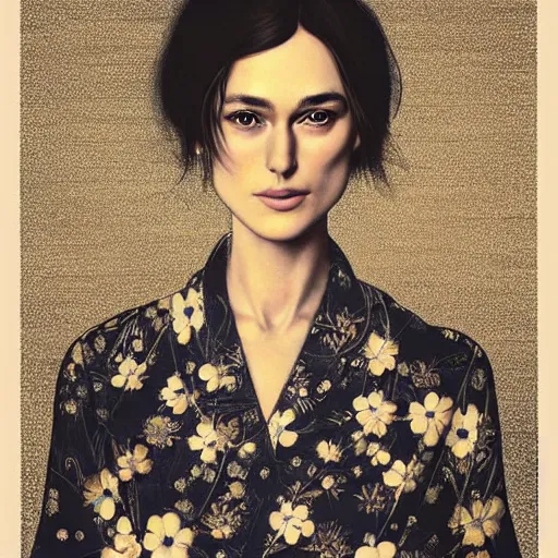 Image similar to “ keira knightley portrait by ikenaga yasunari and ayana otake and ko rakusui, 6 0 s poster, drawing, realistic, sharp focus, japanese, dreamy, nostalgia, faded, golden hues, floral clothes ”