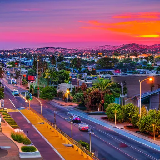 Image similar to chula vista 3 rd avenue landscape, highly detailed, sunset, glowing, 8 k