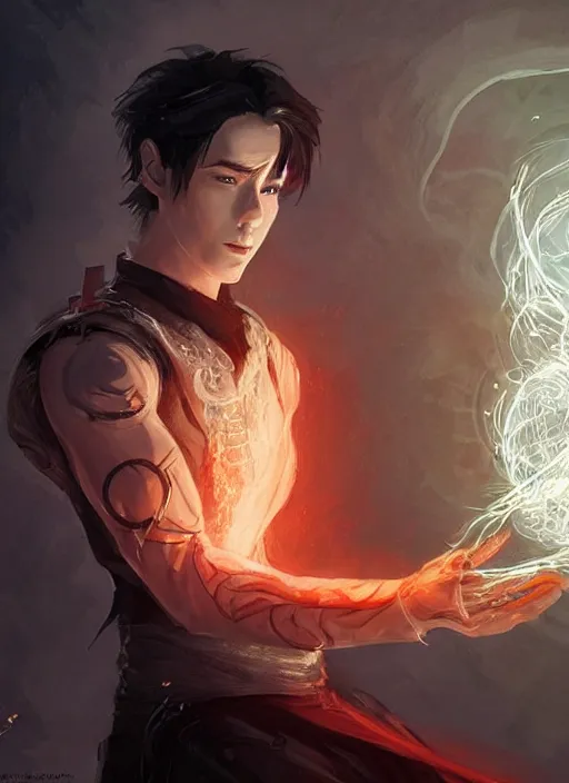 Image similar to character concept portrait of a handsome young warlock with pale white skin and buzzed short spiky hairstyle casting a dark magic spell with red and orange glowing runes, a floating iridescent spell book, intricate, elegant, digital painting, concept art, smooth, sharp focus, illustration, from Metal Gear, by Ruan Jia and Mandy Jurgens and Artgerm and William-Adolphe Bouguereau