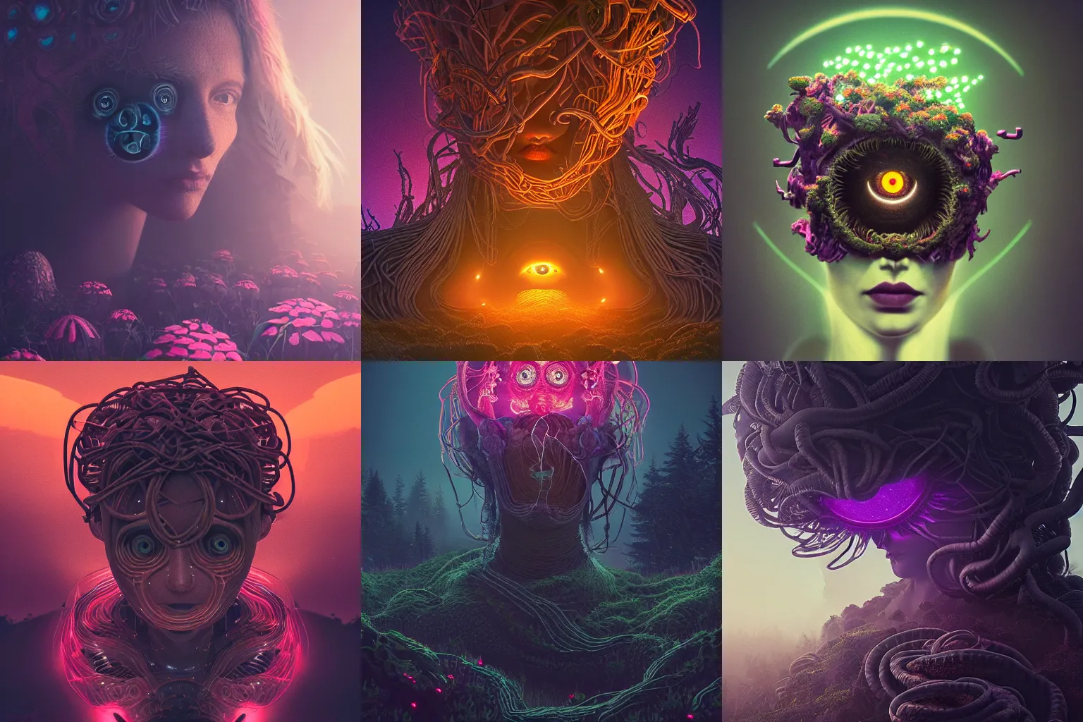 Prompt: beautiful dark landscape, medusa head with glowing eyes, beautiful flowers growing in the style of beeple and Mike Winkelmann, intricate, epic lighting, cinimatic composition, hyperrealistic, 8k resolution,