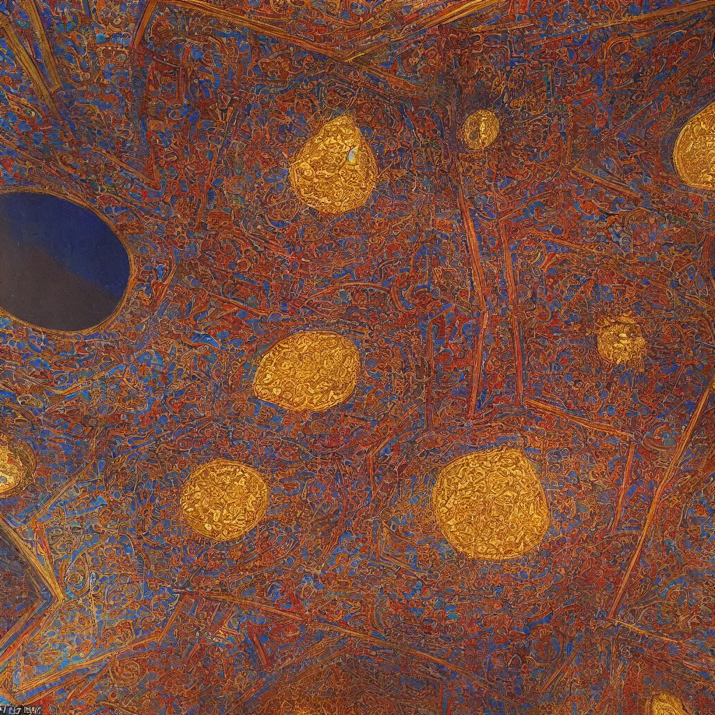 Image similar to brightly coloured patterns on its ceilings, osman hamdi bey style,