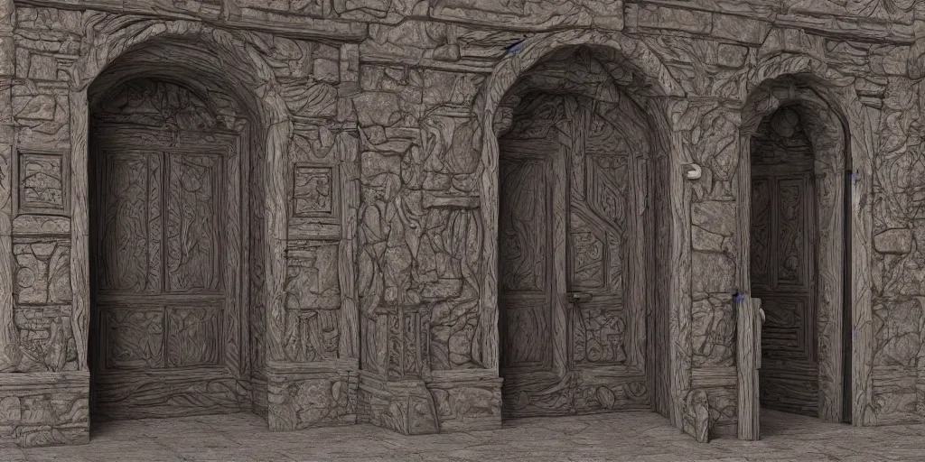 Prompt: 3 d render of a mystical door, ultra detailed with carved stone