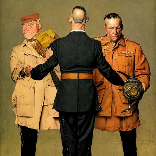 Image similar to portrait of a proud man flanked by two private soldiers. He has his hands on their shoulders. By Norman Rockwell and Gerald Brom