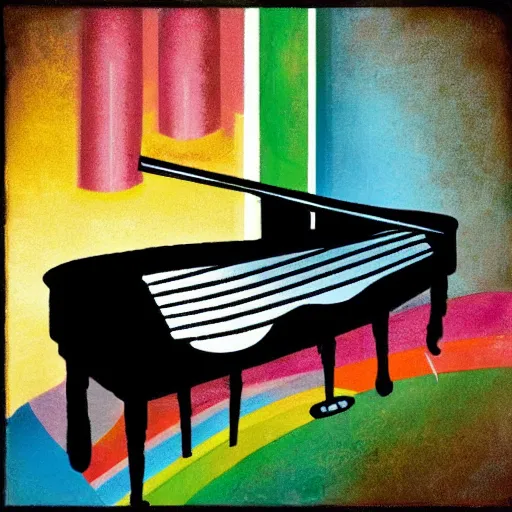 Image similar to colorful album cover art photo of a cat playing the grand piano