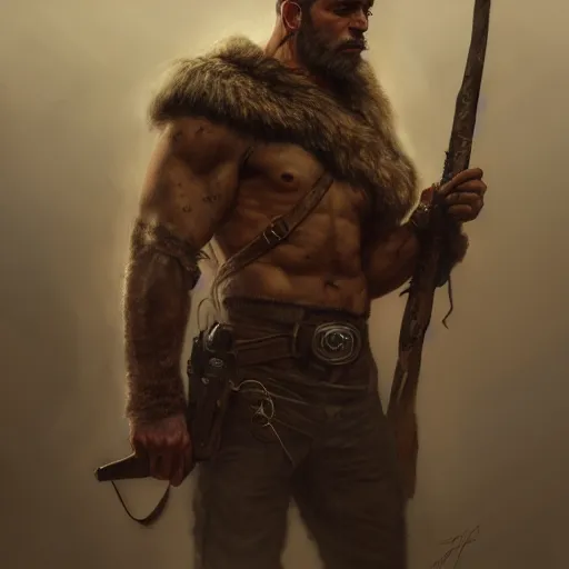 Image similar to Rugged ranger, bleeding, masculine, furs, tanned leather, forest, man, D&D, muscular thighs, fantasy, intricate, elegant, highly detailed, digital painting, artstation, concept art, smooth, sharp focus, illustration, art by artgerm and greg rutkowski and alphonse mucha