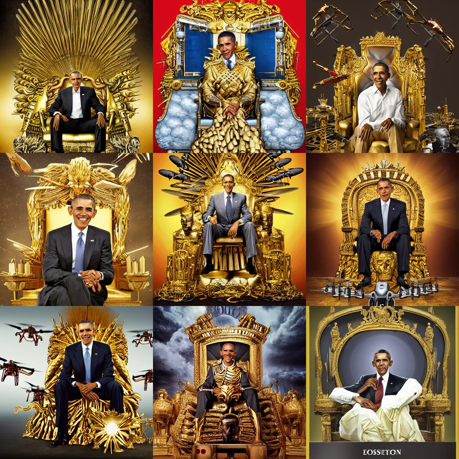 Prompt: hyperrealistic illustration portrait of Barack Obama The Drone King sitting on a golden throne with predator drones flying out from under it, Copyright TIME Magazine, (EOS 5DS R, ISO100, f/8, 1/125, 84mm, modelsociety, prime lense)