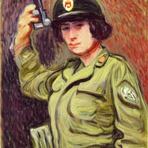 Image similar to a female soldier holding a a stapler to her own head and looking depressed by monet realistic, high details