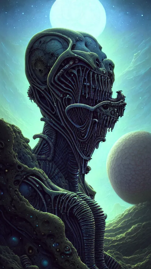 Image similar to full - face close - up portrait, your mom is a cosmic horror by bruce brenneise and peter mohrbacher and h r giger, alien ancient ruins in background, on an alien planet with craters, 3 d render, neosurrealism. digital concept art, pixel art, rendered in octane, trending on cgsociety, trending on artstation