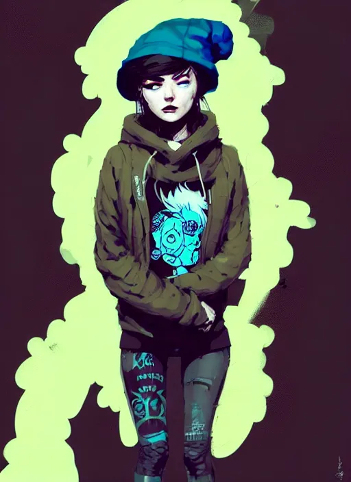 Image similar to highly detailed portrait of a sewer punk lady student, blue eyes, tartan hoody, hat, white hair by atey ghailan, by greg rutkowski, by greg tocchini, by james gilleard, by joe fenton, by kaethe butcher, gradient yellow, black, brown and cyan color scheme, grunge aesthetic!!! ( ( graffiti tag wall background ) )