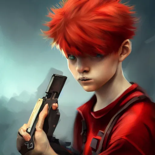 Image similar to a concept art of a boy with red hair holding a gun, highly detailed, digital painting, artstation, concept art, smooth, sharp focus, illustration